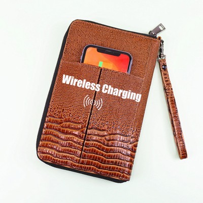 2021 powerbank 10000mAh 3 in 1 pu leather wireless charger powerbank passport holders for gift